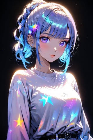 1girl, solo, holographic art, holographic clothes, stars, holographic, random pose, casual outfit, light particles, random hairstyle, multicolored, holographic makeup, upper body, ((masterpiece quality: 2)) 