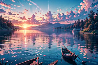 panoramic view, panoramic photograph, panoramic shot, Create an image of a serene lakeside scene at sunset. The calm waters of the lake mirror the brilliant oranges, pinks, and purples of the sky as the sun dips below the horizon. Tall, slender reeds sway gently at the water's edge, and a wooden dock extends out into the lake, with an old rowboat tied to it. On the far side of the lake, dense forest surrounds the water, its silhouette dark against the colorful sky. A pair of swans glides gracefully across the water, leaving ripples in their wake. The atmosphere is peaceful and still, capturing the quiet beauty of nature at the end of the day.,Detail