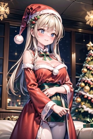 vibrant colors,  female,  masterpiece,  sharp focus,  best quality,  depth of field,  cinematic lighting,  ((solo,  adult woman)),  (illustration,  8k CG,  extremely detailed),  masterpiece,  ultra-detailed,  1 girl,  long hair,  mixed hair,  blond hair,  within the cozy embrace of home,  a girl dons a festive ensemble mirroring Santa's iconic red and white attire,  standing beneath the twinkling lights of the Christmas tree. The detailed illustration captures the enchanting scene as she becomes a living embodiment of holiday cheer,  adorned in the vibrant colors of Santa Claus,  the room is aglow with the warmth of festive decorations. The Christmas tree,  adorned with ornaments and baubles,  serves as a backdrop to the girl's joyful presence,  creating a harmonious festive atmosphere. the illustration paints a heartwarming portrait of a girl immersed in the magic of the season,  where her attire echoes the spirit of Santa Claus,  and the Christmas tree becomes a symbol of shared joy and holiday celebration,,,,Christmas