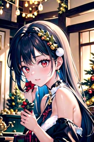 vibrant colors,  female,  masterpiece,  sharp focus,  best quality,  depth of field,  cinematic lighting,  ((solo,  adult woman)),  (illustration,  8k CG,  extremely detailed),  masterpiece,  ultra-detailed,  1 girl,  short hair,  mixed hair,  black hair,  red eyes, ,  in a festive nook adorned with mistletoe,  a girl stands beneath the holiday greenery,  creating a scene of enchanting merriment. The detailed illustration captures her in a moment of whimsy,  surrounded by the timeless tradition of the Christmas mistletoe,  dressed in festive attire suitable for the season,  the room is bathed in the soft glow of holiday lights,  creating an intimate and warm atmosphere. The mistletoe becomes a playful accent,  symbolizing the spirit of holiday gatherings and timeless traditions,  the illustration paints a charming portrait of a girl beneath the Christmas greenery,  where her presence and the festive mistletoe create an atmosphere of joy,  anticipation,  and the promise of holiday magic,,,