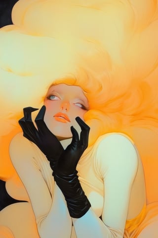 (overhead shot:1.5), illustration by Moebius, ((Manga Mode: Illustrate a fashion portrait with a manga-inspired aesthetic)), (((minimalist cloth))), (futurism but extremely beautiful:1.4), (intricate details, masterpiece, best quality:1.4), in the style of nicola samori, blonde demon girl, (bighorns-horns), pale and white skin, ginger, (pretty face), (smokey eyes, white sclera), (((messy orange long hair))), perfect curvy body, (full and huge breast:1.4), (dressing on a (black gloves):1.4), (high-heels:1.2), (kneeling:1.4), vintage dark fluffy bedroom background, backlighting


