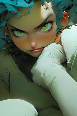 (Extreme close-up:1.5), ((Anime artwork. Portait of a girl with blue hair, thick lips. Impasto style, brushwork)), ginger demon girl, (bighorns-horns), white skin, (smokey eyes, white sclera), ((green-eyes)), messy long weavy hair, perfect curvy body, (full and huge breast:1.4), (dressing on a (black gloves):1.4), (high-heels:1.2), (kneeling on the luxury sheets:1.4), vintage dark fluffy bedroom background, backlighting

