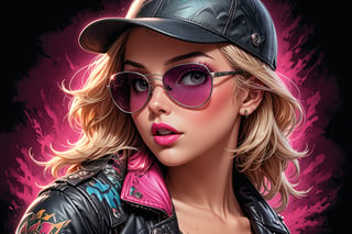comic book illustration of a portrait of a woman, wearing sexy summer dress, wearing leather jacket, wearing leather cap, wearing sunglasses, (((only one woman))), lightly open lips, short blonde with pink highlights hair, tattooed  body, full color, vibrant colors, 
sexy body, detailed gorgeous face, racing environment, black background, exquisite detail,  30-megapixel, 4k, Flat vector art, Vector illustration, Illustration,,,<lora:659095807385103906:1.0>