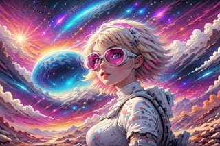 close-up comic book illustration of a woman in the mountains, wearing white astronaut suit, wearing futuristic sunglasses, (((only one woman))), lightly open lips, short blonde with ((pink hightlights)) hair, tattooed  body, full color, vibrant colors, showing tits under the dress,
sexy body, detailed gorgeous face, lonely environment, planetsand galaxies in background, exquisite detail, 30-megapixel, 4k, Vector illustration, Illustration,,,,<lora:659095807385103906:1.0>