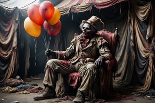 zombie sitting in a chair that has two balloons tied to it, putrid skin, disfigured features, torn, dirty and bloody clothes, clown suit, clown hat, bored waiting for someone to come to his performance, circus atmosphere, spooky atmosphere and atmosphere of terror, old dilapidated circus tent in background, 16k UHD, extreme realism, maximum definitions, ultra detail,monster,steampunk style,more detail XL