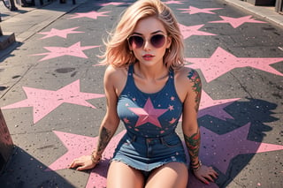 view from above of a comic book illustration of a portrait of a woman in Los Angeles, wearing sexy dress, wearing sunglasses, wearing jeans, (((only one woman))), lightly open lips, short blonde with pink highlights hair, tattooed  body, full color, vibrant colors, 
sexy body, detailed gorgeous face, lonely environment, Big golden stars on the ground, Hollywood Walk of Fame in background, exquisite detail,  30-megapixel, 4k, Flat vector art, Vector illustration, Illustration,,,<lora:659095807385103906:1.0>