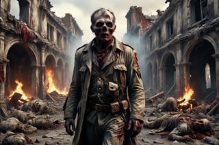 army officer of WWII zombie, putrid skin, disfigured features, torn, dirty and bloody clothes, walking along an old town ruins, the ground is covered in blood and bones, ruins are on fire, spooky atmosphere and atmosphere of terror, WWII plane crashed and burning in Background, 16k UHD, extreme realism, maximum definitions, ultra detail,monster,steampunk style,more detail XL