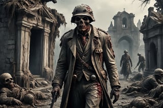 army officer of world war 2 zombie, putrid skin, disfigured features, torn, dirty and bloody clothes, walking along a path that borders a graveyard, wearing WWII helmet, dismembered bodies on the ground, burst artillery cannon, spooky atmosphere and atmosphere of terror, old town ruins in Background, 16k UHD, extreme realism, maximum definitions, ultra detail,monster,steampunk style