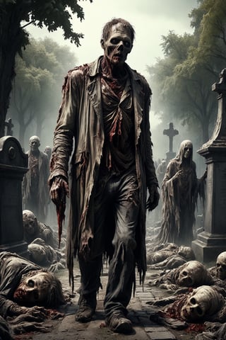 a zombie, putrid skin, disfigured features, torn, dirty and bloody clothes, walking along a path that borders a graveyard, bodies on the ground, spooky atmosphere and atmosphere of terror ,16k UHD, extreme realism, maximum definitions, ultra detail,monster,steampunk style