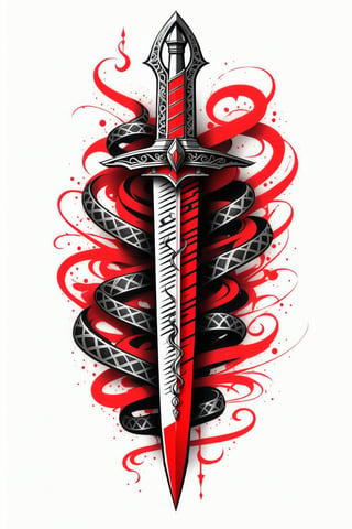 lineart tattoo, geometric design of a dagger with a snake around, with worn red stripes superimposed, ((drawing lines)), drawing in black and withe, thick lines, filagree, realistic, silkscreen dot pattern in background, white background, monster, Leonardo Style,Pencil Draw,Fashion Illustration,Flat vector art,pencil sketch