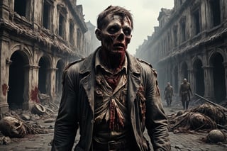 army officer of WWII zombie, putrid skin, disfigured features, torn, dirty and bloody clothes, walking along an old town ruins, the ground is covered in blood and bones, ruins are on fire, spooky atmosphere and atmosphere of terror, WWII plane crashed and burning in Background, 16k UHD, extreme realism, maximum definitions, ultra detail,monster,steampunk style