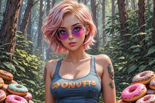 comic book illustration of a portrait of a woman with donuts around her, wearing tank top, wearing jeans, wearing sunglasses, (((only one woman))), lightly open lips, short blonde with pink highlights hair, tattooed  body, full color, vibrant colors, showing tits under the suit, 
sexy body, detailed gorgeous face, lonely environment, trees with donuts on its branches, trees with donuts on the leaves, rainbow forest in background, exquisite detail,  30-megapixel, 4k, Flat vector art, Vector illustration, Illustration,,,<lora:659095807385103906:1.0>