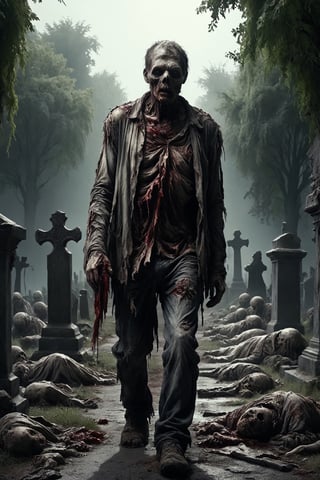 a zombie, putrid skin, disfigured features, torn, dirty and bloody clothes, walking along a path that borders a graveyard, bodies on the ground, spooky atmosphere and atmosphere of terror ,16k UHD, extreme realism, maximum definitions, ultra detail,monster