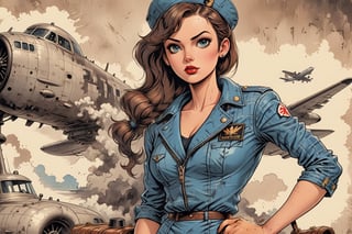 vintage comic book illustration of a commercial aviation captain woman at the airport, only one woman, (airport buildings background), dark brown ponytail hairstyle, wearing blue leather jacket, plaid miniskirt, blue aviation captain cap, wearing white blouse, showing small breast under the bloue, great cleavage, long cleavage, sexy body, black lips, tattooed body, detailed gorgeous face, exquisite detail, ((full body)), 30-megapixel, 4k, Flat vector art, Vector illustration, Illustration, <lora:659095807385103906:1.0>,,rubber_hose_character,<lora:659095807385103906:1.0>,vintagepaper,<lora:659095807385103906:1.0>