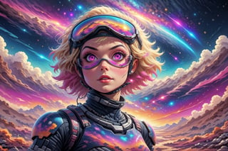 close-up comic book illustration of a woman in the mountains, wearing astronaut suit, wearing futuristic sunglasses, (((only one woman))), lightly open lips, short blonde with ((pink hightlights)) hair, tattooed  body, full color, vibrant colors, showing tits under the dress,
sexy body, detailed gorgeous face, lonely environment, planetsand galaxies in background, exquisite detail, 30-megapixel, 4k, Vector illustration, Illustration,,,,<lora:659095807385103906:1.0>
