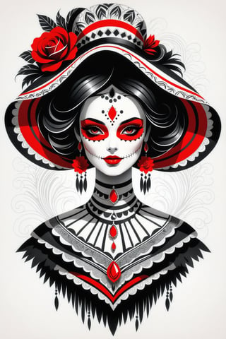 lineart tattoo design, Mexican Catrina, geometric forms with red stripes superimposed, ((drawing lines)), drawing in black and withe, thick lines, filagree, realistic, silkscreen dot pattern in background, white background, monster, Leonardo Style,Pencil Draw,Fashion Illustration,Flat vector art,pencil sketch