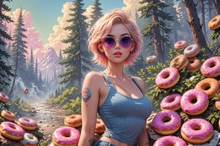 comic book illustration of a portrait of a woman with donuts around her, wearing tank top, wearing jeans, wearing sunglasses, (((only one woman))), lightly open lips, short blonde with pink highlights hair, tattooed  body, full color, vibrant colors, showing tits under the suit, 
sexy body, detailed gorgeous face, lonely environment, trees with donuts on its branches, donuts floating in the air, rainbow forest in background, exquisite detail,  30-megapixel, 4k, Flat vector art, Vector illustration, Illustration,,,<lora:659095807385103906:1.0>