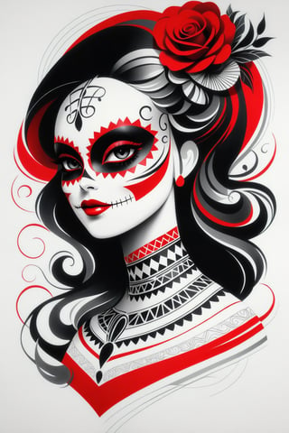 lineart tattoo design, Mexican Catrina, geometric forms with red stripes superimposed, ((drawing lines)), drawing in black and withe, thick lines, filagree, realistic, silkscreen dot pattern in background, white background, monster, Leonardo Style,Pencil Draw,Fashion Illustration,Flat vector art,pencil sketch