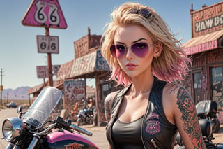 comic book illustration of a portrait of a woman on route 66, wearing black tank top, wearing sunglasses, wearing black leather jacket, (((only one woman))), lightly open lips, short blonde with pink highlights hair, tattooed  body, full color, vibrant colors, showing tits under the tank top, 
sexy body, detailed gorgeous face, harley davidson, route66 road sign:1.3, route 66 environment, route 66 in background, exquisite detail,  30-megapixel, 4k, Flat vector art, Vector illustration, Illustration,,<lora:659095807385103906:1.0>