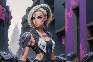 comic book illustration of a cyborg woman in a dystopian city, wearing black leather jacket, wearing short jeans, wearing white tank top, ((one of the arms is a complete cyborg arm)), wearing futuristic sunglasses, (((only one woman))), cyborg parts in face, short violet with blonde highlights hair, tattooed  body, full color, vibrant colors, armed with a gun in her hand, 
sexy body, detailed gorgeous face, lonely environment, jellyfish with jewels in foreground, dystopian city with droids in background, exquisite detail,  30-megapixel, 4k, Flat vector art, Vector illustration, Illustration,cyborg style,cyborg,valkyrie,<lora:659095807385103906:1.0>