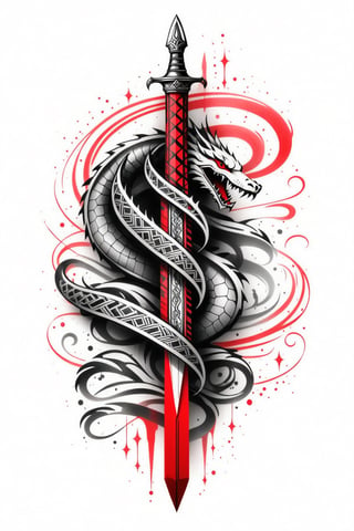 lineart tattoo, geometric design of a dagger with a snake around, with worn red stripes superimposed, ((drawing lines)), drawing in black and withe, thick lines, filagree, realistic, silkscreen dot pattern in background, white background, monster, Leonardo Style,Pencil Draw,Fashion Illustration,Flat vector art,pencil sketch