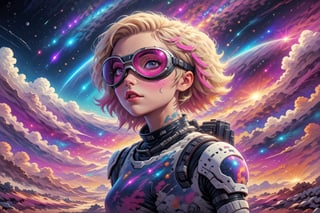 close-up comic book illustration of a woman in the mountains, wearing astronaut suit, wearing futuristic sunglasses, (((only one woman))), lightly open lips, short blonde with ((pink hightlights)) hair, tattooed  body, full color, vibrant colors, showing tits under the dress,
sexy body, detailed gorgeous face, lonely environment, planetsand galaxies in background, exquisite detail, 30-megapixel, 4k, Vector illustration, Illustration,,,,,<lora:659095807385103906:1.0>