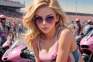 comic book illustration of a portrait of a woman in the MotoGP paddock, wearing tank top, wearing, wearing sunglasses, wearing jeans, (((only one woman))), lightly open lips, short blonde with pink highlights hair, tattooed  body, full color, vibrant colors, 
sexy body, detailed gorgeous face, lonely environment, the MotoGP paddock with sports bikes around in background, exquisite detail,  30-megapixel, 4k, Flat vector art, Vector illustration, Illustration,,,,,<lora:659095807385103906:1.0>