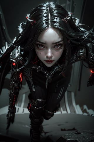 A female vampire, futuristic vampire, beautiful face, realistic face, detailed face, sinister smile, vampiric fangs, cyberpunk gear, (((long flowing hair))), neon-lit cityscape, cold piercing eyes, vamptech-enhanced attire, glowing veins, cybernetic enhancements, high tech urban environement backdrop, dynamic pose, otherworldly, technologically enhanced immortal, High-quality illustration, intricate details, a play of light and shadows, ,vamptech, darkest of nights, red moon, full body shot,horror ,Female soldier,Realism,Detailedface