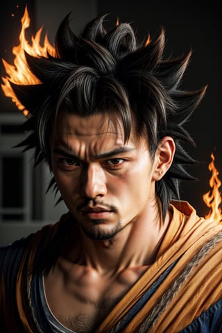 arafed image of a man with a burning sword, photorealistic human goku, human goku, goku from dragon ball, son goku, goku in real life, 8k, goku from dragon ball z, portrait of goku, goku from dragonball z, highly detailed portrait of goku, Goku portrait, Goku as Asian man, Goku