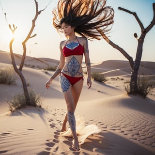 Realistic 16K resolution blue-red tone photography of 1 girl with nice hair and full body of tattooed, floating in the wind, walking on desert sand, barefoot,
break,
1 girl, Exquisitely perfect symmetric very gorgeous face, Exquisite delicate crystal clear skin, Detailed beautiful delicate eyes, perfect slim body shape, slender and beautiful fingers, nice hands, perfect hands, illuminated by film grain, Stippling style, dramatic lighting, soft lighting, motion blur, exaggerated perspective of ((Wide-angle lens depth))