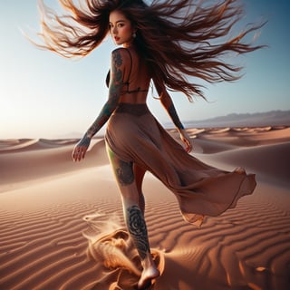 Realistic 16K resolution blue-red tone photography of 1 girl with nice hair and full body of tattooed, floating in the wind, walking on desert sand, barefoot,
break,
1 girl, Exquisitely perfect symmetric very gorgeous face, Exquisite delicate crystal clear skin, Detailed beautiful delicate eyes, perfect slim body shape, slender and beautiful fingers, nice hands, perfect hands, illuminated by film grain, Stippling style, dramatic lighting, soft lighting, motion blur, exaggerated perspective of ((Wide-angle lens depth))