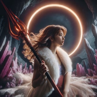 Realistic 16K resolution photography, a girl wearing a stylish white fur vest and holding red javelin above her head, looking sideways, standing on alien planet wasteland filled with purple crystals, with a huge halo behind her,
break, 
1 girl, Exquisitely perfect symmetric very gorgeous face, Exquisite delicate crystal clear skin, Detailed beautiful delicate eyes, perfect slim body shape, slender and beautiful fingers, nice hands, perfect hands, illuminated by film grain, realistic skin, dramatic lighting, soft lighting, exaggerated perspective of ((fisheye lens depth)),