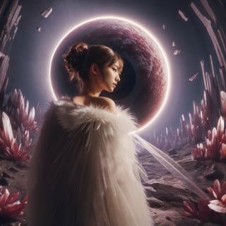 Realistic 16K resolution photography, a girl wearing a stylish white fur vest and holding red javelin above her head, looking sideways, standing on alien planet wasteland filled with purple crystals, with a huge halo behind her,
break, 
1 girl, Exquisitely perfect symmetric very gorgeous face, Exquisite delicate crystal clear skin, Detailed beautiful delicate eyes, perfect slim body shape, slender and beautiful fingers, nice hands, perfect hands, illuminated by film grain, realistic skin, dramatic lighting, soft lighting, exaggerated perspective of ((fisheye lens depth)),