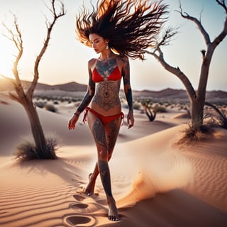 Realistic 16K resolution blue-red tone photography of 1 girl with nice hair and full body of tattooed, floating in the wind, walking on desert sand, barefoot,
break,
1 girl, Exquisitely perfect symmetric very gorgeous face, Exquisite delicate crystal clear skin, Detailed beautiful delicate eyes, perfect slim body shape, slender and beautiful fingers, nice hands, perfect hands, illuminated by film grain, Stippling style, dramatic lighting, soft lighting, motion blur, exaggerated perspective of ((Wide-angle lens depth))