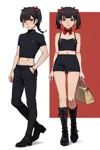 1boy, otoko no ko ,ultra femmenine, male mature, androgynous, 1male, delicate, short hair,  flat_chest ,male face,

Full body, front view, black pencil mini skirt, red crop top, high boots, small pig_tails, angry face