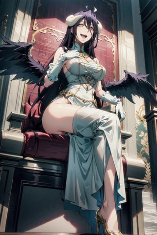 perfect face, perfect hands, perfect eyes, atmospheric scene, masterpiece, best quality, (detailed face), (detailed eyes), cinematic light, female, tall, big breasts, thicc thighs, yellow eyes, horns, laughing, white long dress, long white gloves, high heels, black wings, wings on waist, from below, looking down, fantasy, boss room, throne, long stairs, ,albedo