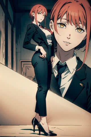 perfect face, perfect hands, perfect eyes, atmospheric scene, masterpiece, best quality, (detailed face), (detailed eyes), (cinematic light: 1.1), female, red hair, yellow eyes, big breasts, thicc thighs, white shirt, neck tie, (long pants), (black dress shoes, high heels), model stance, full body, ,makima (chainsaw man)