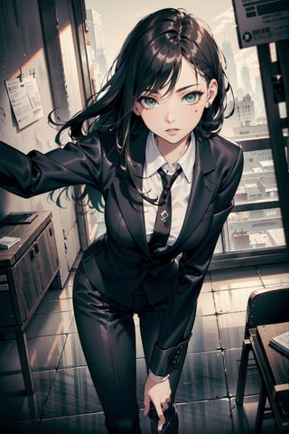 perfect face, perfect hands, perfect eyes, atmospheric scene, masterpiece, best quality, (detailed face), (detailed eyes), (cinematic light: 1.1), female, (dark hair, long hair), green eyes, black suit, red neck tie, black dress shoes, black gloves, emotionless, HITMAN, Agent 47 stance, dark office, night, 