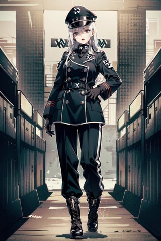 perfect face, perfect hands, perfect eyes, atmospheric scene, masterpiece, best quality, (detailed face), (detailed eyes), (cinematic light: 1.1), female, (white hair, long hair, black eyes, small breasts, thicc), (((black Nazi uniform, hat, long double-breasted coat, baggy Nazi pants, gloves, long military boots, Nazi mark))), (((full body))), model stance, strategy room, indoors, 