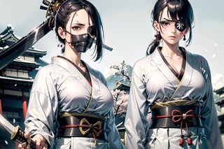 sfw, atmospheric scene, masterpiece, best quality, (detailed face, detailed skin texture), (cinematic light: 1.1), Detailedface, female, (fair skin), slender, big breast, thicc hip, wide hip, ((((samurai, japanese swordsman)))), cleavage, ((dojo attire, open placket, hakama)), (((white clothes))), ((black hair, very long ponytail)), (black eyes, right eye), (((single eyepatch))), ((scar on face, scar on left eye, scar on nose, cross scar)), (emotionless), (mature), girl, (tall), long legs, sengoku era, japan, outdoors,  sakura, fighting stance, ((airflow)), (cowboy shot), solo_focus, 