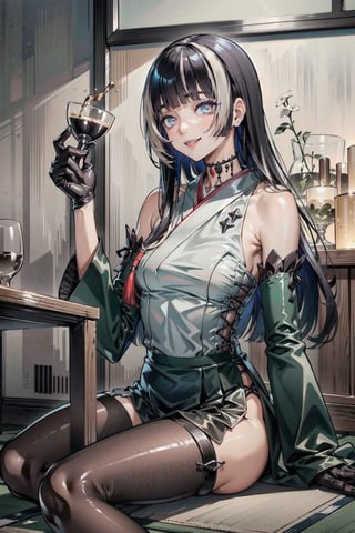 perfect face, perfect hands, perfect eyes, atmospheric scene, masterpiece, best quality, (detailed face), (detailed eyes), cinematic light, female, tall, thicc thighs, smiling, RadenBase, choker, black dress, frills, long sleeves, black gloves, RadenRegloss, white crop top, (bodystocking:1.2), detached sleeves, japanese style, room, tatami, sake glass, holding glass, drinking, sitting on floor, small table, ,JuufuuteiRaden
