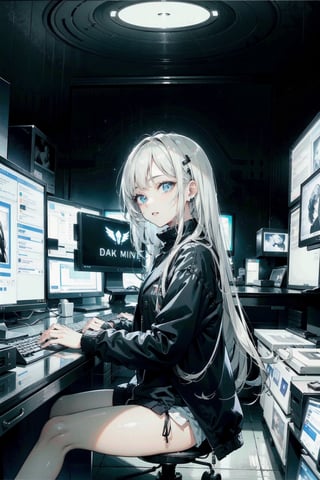 perfect face, perfect hands, perfect eyes, atmospheric scene, masterpiece, best quality, (detailed face), (detailed eyes), (cinematic light: 1.1), female, (black base and white highlights hair, long hair), long coat, no pants, sitting, typing keybord, (looking at monitors), computer room, ((dark room, no lights but only glowing monitor)), (multiple monitors, display only programming in black base and white texts), from side, ,(hlfcol haired girl with color1 and col),