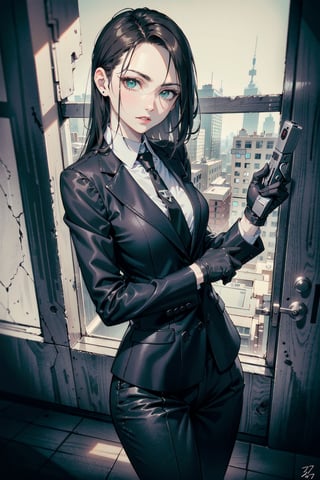 perfect face, perfect hands, perfect eyes, atmospheric scene, masterpiece, best quality, (detailed face), (detailed eyes), (cinematic light: 1.1), female, agent, ((pale)), (dark hair, long hair), (green eyes, sharp sight), (small breast), black suit, red neck tie, black dress shoes, black gloves, emotionless, (HITMAN, agent 47 poses) (holding pistol, silencer, ready for killing), dark office, night, 