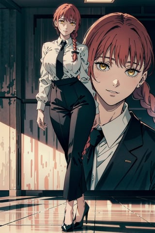 perfect face, perfect hands, perfect eyes, atmospheric scene, masterpiece, best quality, (detailed face), (detailed eyes), (cinematic light: 1.1), female, red hair, braided hair, yellow eyes, big breasts, thicc thighs, white shirt, neck tie, (long pants), (black dress shoes, high heels), model stance, full body, ,makima (chainsaw man)