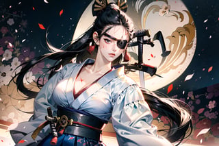 sfw, atmospheric scene, masterpiece, best quality, (detailed face, detailed skin texture), (cinematic light: 1.1), Detailedface, female, (fair skin), slender, big breast, thicc hip, wide hip, ((((samurai, japanese swordsman)))), cleavage, ((dojo attire, open placket, hakama)), (((white clothes))), ((black hair, very long ponytail)), (black eyes, right eye), (((single eyepatch))), ((scar on face, scar on left eye, scar on nose, cross scar)), (emotionless), (mature), girl, (tall), long legs, sengoku era, japan, outdoors,  sakura, fighting stance, ((airflow)), (cowboy shot), solo_focus, 