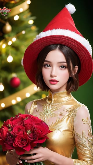 1girl, (masterpiece, top quality, best quality, official art, beautiful and aesthetic:1.2), short hair , extreme detailed, (flowers), (fractal art), colorful, upperbody, christmas hat, christmas tree