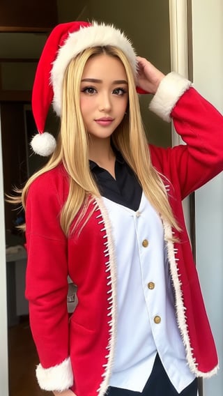 masterpiece,  best quality,  1girl,  solo,  gakuran,  christmas hat, christmas suit, long hair,  Naruto uzumaki,  long blonde hair,  spiked hair , n4rut0, facial mark,  forehead protector,  konohagakure symbol,izumi ran,transgirl