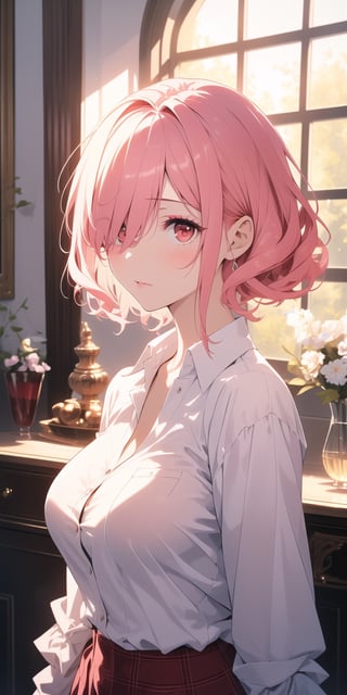 1girl,  masterpiece,  absurdres,  an art of a beautiful and attractive woman,   big sized breasts,  perfect body,looking at viewer, ,masterpiece,best quality,incredibly absurdres,upper body shot
,Mansion,red eyes,mature female,make up,white shirt,pink hair,hair over one eye,indoors,short hair,curly hair