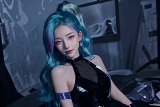 1 girl,adorable, smiling, seraphine, solo, blue hair, k/da \(league of legends\), very long hair, multicolored hair, jewelry, ponytail, blue eyes, earrings, dress, black choker, two-tone hair, purple hair, black thighhighs, bracelet, black skirt,seraphine1,<lora:659111690174031528:1.0>