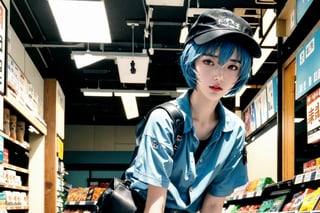 (masterpiece, 4k, best quality), anime, ayanamirei, 1girl, buttoned shirt, shorts, baseball cap, leather bag, small breasts, red eyes, short hair, light blue hair, standing, calm face, inside a grocery store, indoors, detailed, 